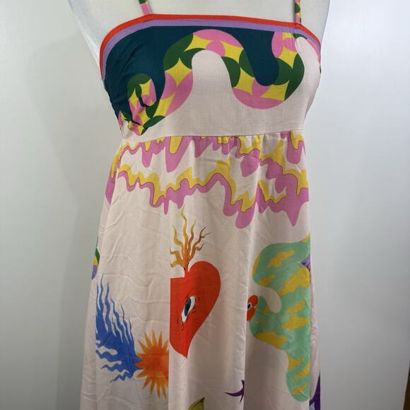 Bohemian Cami Maxi Dress Medium Graffiti Colorful Print Smocked Snake Dragon - Picture 8 of 16